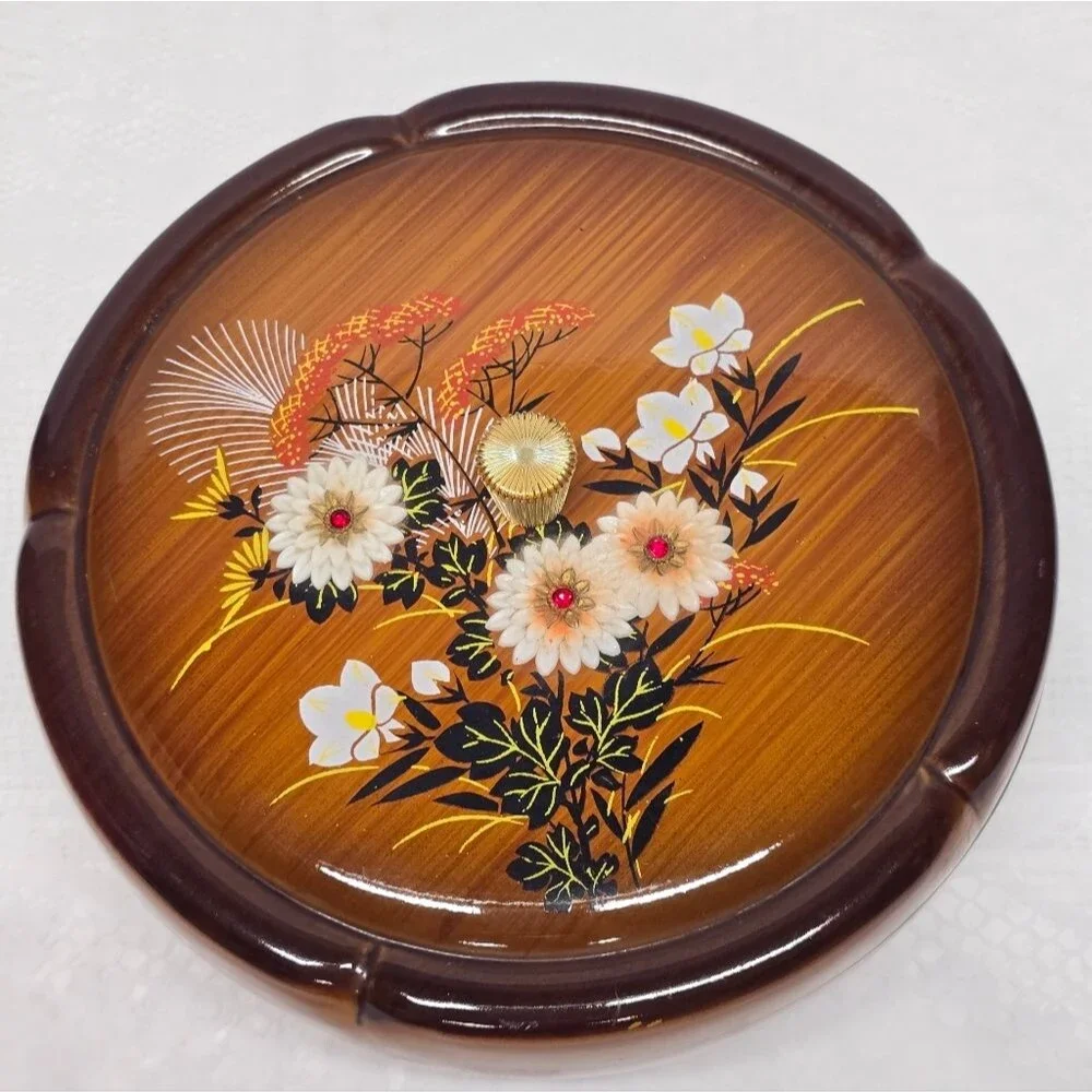 Westland Vintage Japanese Floral Lacquer Rhinestone Round Box Amber Brown